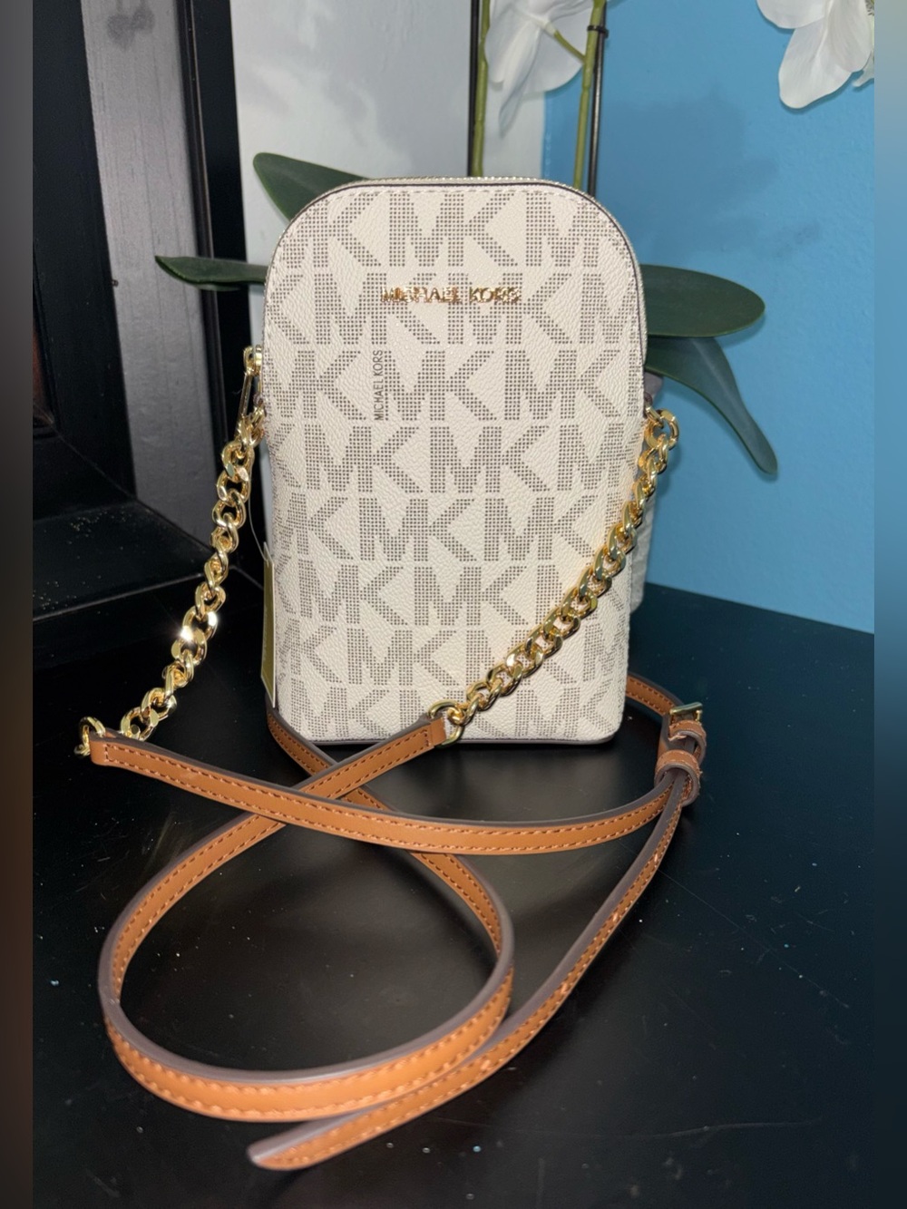 Michael Kors Cream MK Logo Crossbody with Tan Leather Strap & Gold Chain